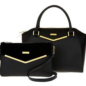 JOY & IMAN Couture Leather Satchel & Clutch with Velvet Detail Set Black $89